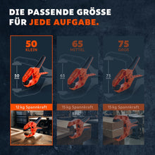 Vergleich der drei Größen 50, 65 und 75 mm mit 12 bzw. 15 kg Spannkraft beim Klemmen von Holz.