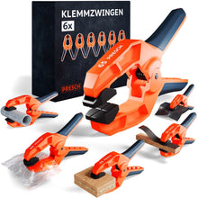 PRESCH Federzwingen 65mm Set 6 Stk., Verpackung und Zwingen an Rohr, Beutel und Holz im Einsatz