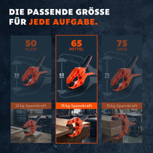 Vergleich der drei Größen 50, 65 und 75 mm mit 12 bzw. 15 kg Spannkraft, 65 mm ist hervorgehoben.