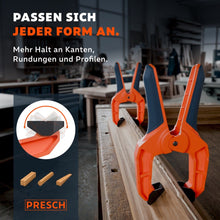 Zwei Federzwingen mit beweglichen Backen halten Holzleisten in Rund-, Keil- und Kantenform.