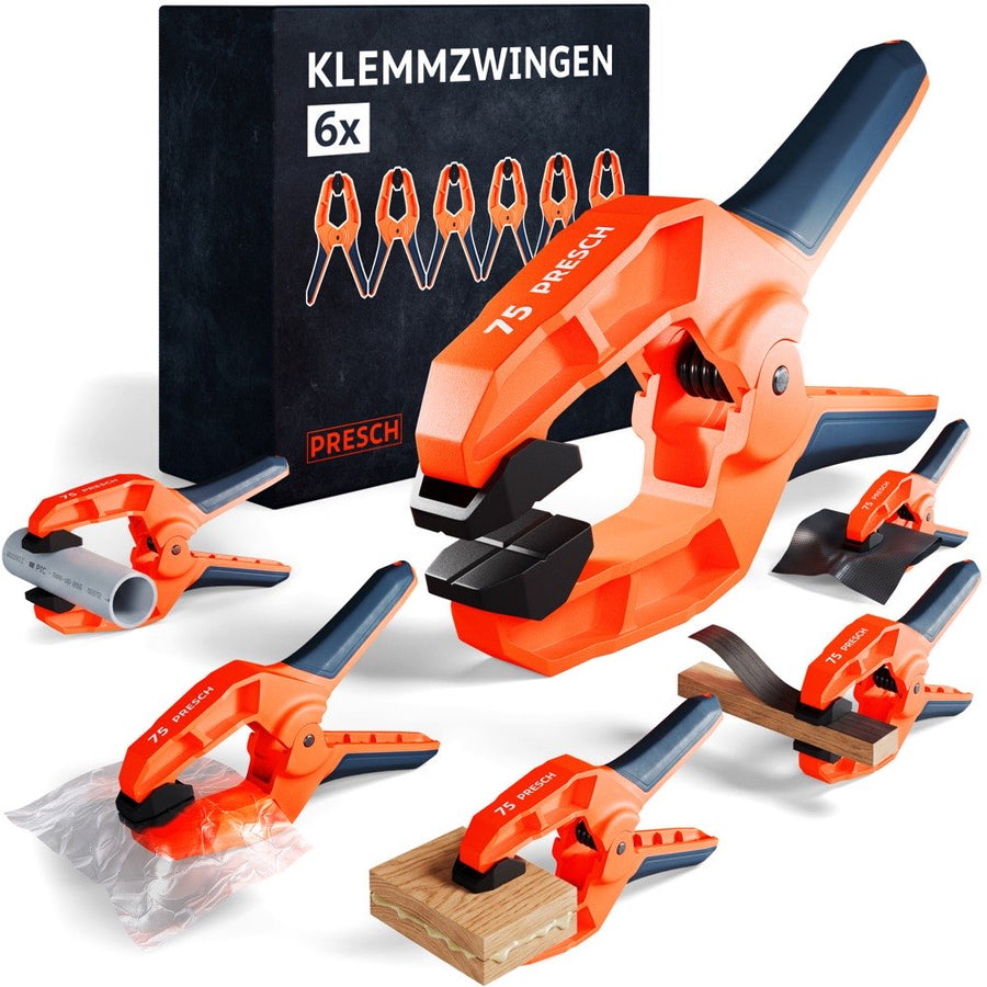 PRESCH Federzwingen 75mm Set 6 Stk., Verpackung und Zwingen an Rohr, Beutel und Holz im Einsatz