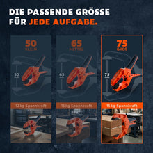 Vergleich der drei Größen 50, 65 und 75 mm mit 12 bzw. 15 kg Spannkraft, 75 mm ist hervorgehoben.