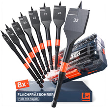 PRESCH Flachfräsbohrer Set 8-teilig mit Durchmessern 12 bis 32mm, selbsteinziehender Gewindespitze und schwarzer Carbon-Steel-Beschichtung, daneben die transparente Aufbewahrungsbox
