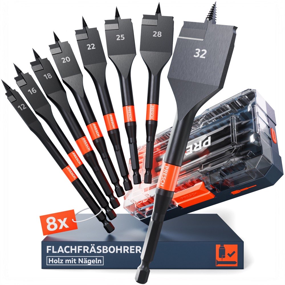 PRESCH Flachfräsbohrer Set 8-teilig mit Durchmessern 12 bis 32mm, selbsteinziehender Gewindespitze und schwarzer Carbon-Steel-Beschichtung, daneben die transparente Aufbewahrungsbox