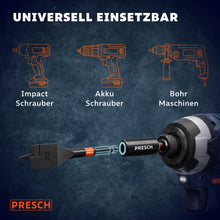22mm Flachfräsbohrer wird in ein Schnellwechsel-Bohrfutter eingesetzt, darüber Piktogramme von Impact-Schrauber, Akkuschrauber und Bohrmaschine