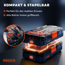 Zwei gestapelte PRESCH Aufbewahrungsboxen mit transparentem Deckel, Detailkreis zeigt den Einblick in die geöffnete Box mit allen acht Flachfräsbohrern