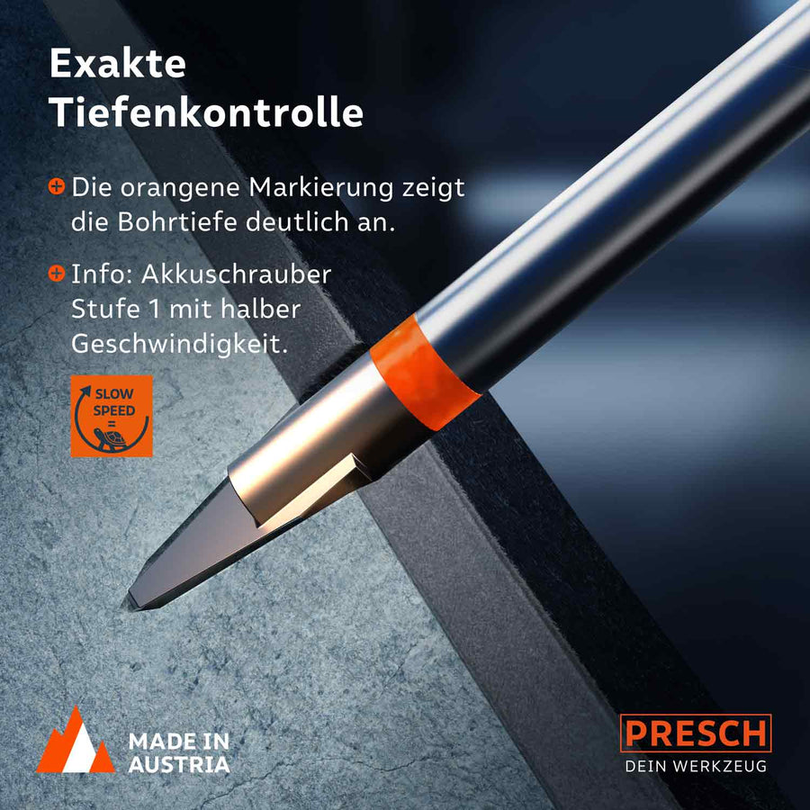 PRESCH Fliesenbohrer für Feinsteinzeug mit exakter Tiefenkontrolle und Markierung für präzises Bohren.