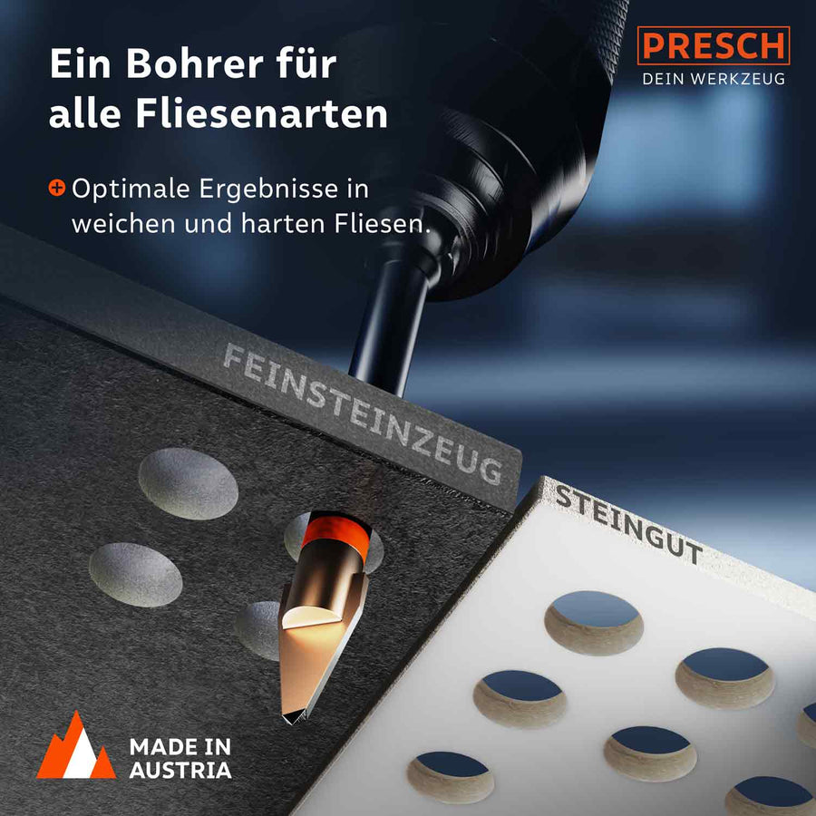 PRESCH Fliesenbohrer für Feinsteinzeug beim Durchbohren einer Fliese, geeignet für harte und weiche Fliesensorten.