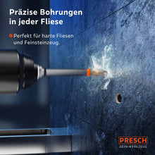 Präziser Presch Fliesenbohrer inklusive Betonbohrer beim Bohren in einer harten Fliese mit sichtbarer Staubentwicklung und Bohrloch