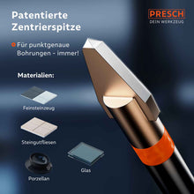 Presch Fliesenbohrer mit patentierter Zentrierspitze und verschiedenen Materialproben wie Feinsteinzeug und Glas.