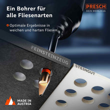 PRESCH Fliesenbohrer in Aktion, demonstriert das Bohren in Feinsteinzeug und Steingutfliesen.