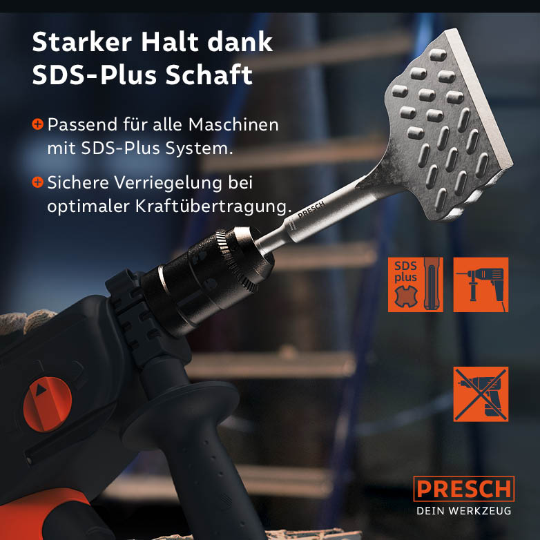 Der Meißel eingespannt in einen Bohrhammer; der SDS-Plus Schaft sorgt für sichere Verriegelung und optimale Kraftübertragung.