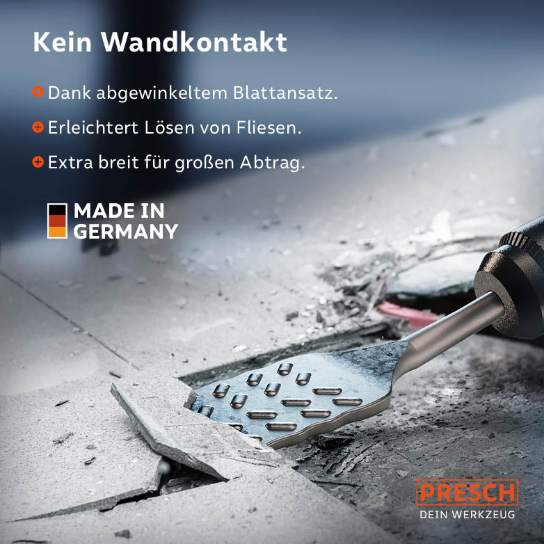 Vorteil des abgewinkelten Blattansatzes: Erleichtertes Lösen von Fliesen ohne direkten Wandkontakt der Maschine.