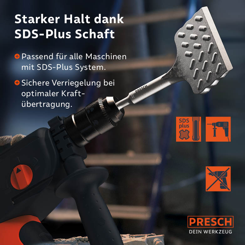 Sicherer Halt dank SDS-Plus Schaft; der Meißel ist passend für alle gängigen Bohrhämmer und garantiert eine optimale Kraftübertragung.
