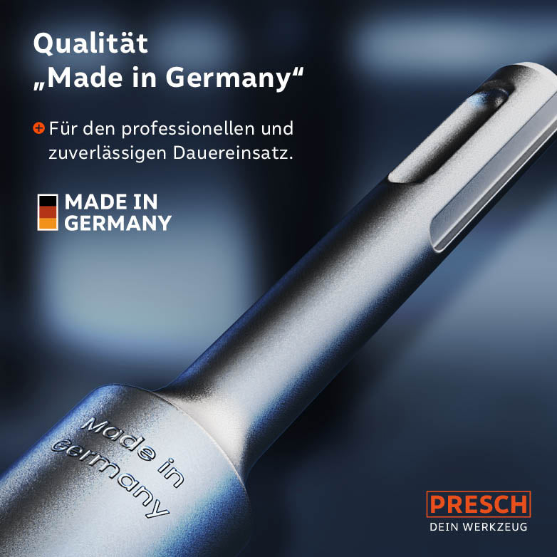 Nahaufnahme des SDS-Plus Schafts mit „Made in Germany“ Gravur; hochwertiger Stahl für den professionellen und zuverlässigen Dauereinsatz.