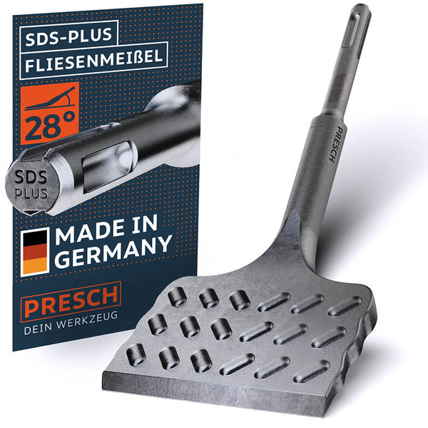 PRESCH SDS-Plus Fliesenmeißel (breite Ausführung) – Made in Germany Qualität mit 28 Grad Abwinkelung und Noppenstruktur für maximale Abtragsleistung.