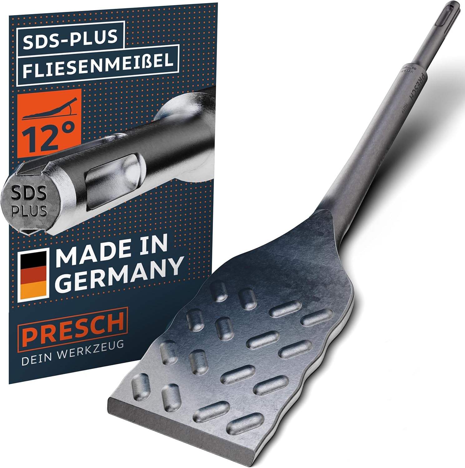 PRESCH SDS Plus Fliesenmeißel (schmale Ausführung) – Made in Germany Qualität mit 12 Grad Abwinkelung für ergonomisches Arbeiten.