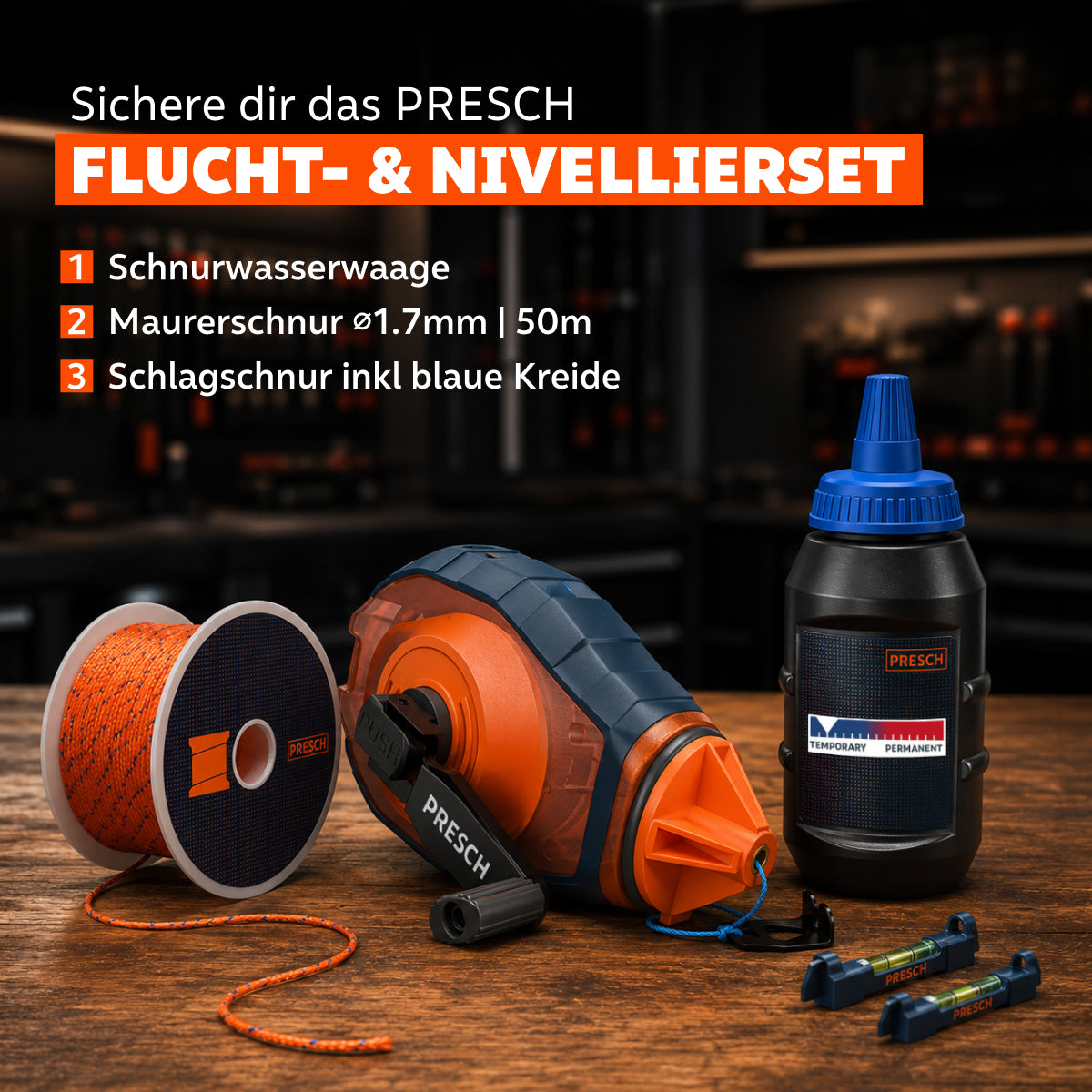 PRESCH Flucht- und Nivellierset auf einem Holztisch – Maurerschnur auf Spule, Schlagschnur mit blauer Kreide-Nachfüllflasche und zwei Schnurwasserwaagen