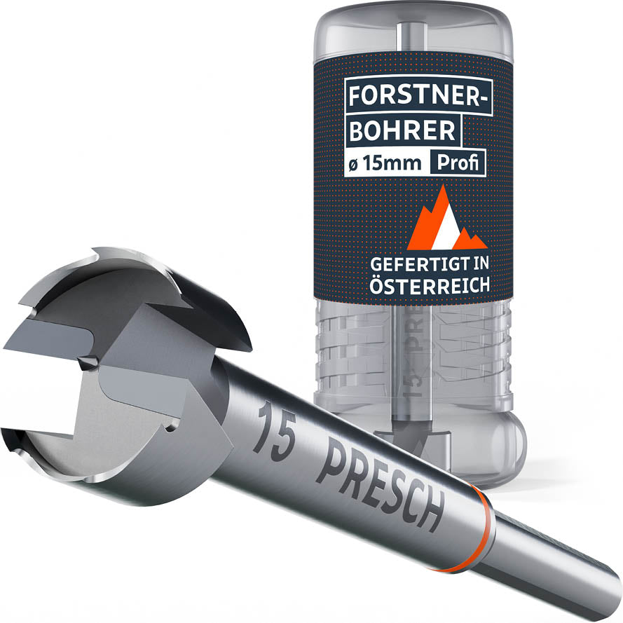 PRESCH Profi Forstnerbohrer 15mm – Hochwertiger Holzbohrer gefertigt in Österreich, inklusive robuster Aufbewahrungsbox aus Kunststoff.