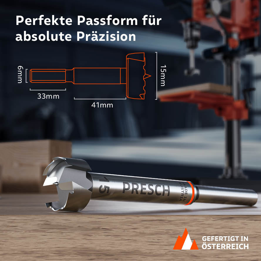Produktabmessungen und Passform: Der 15mm Bohrer verfügt über einen 6mm Schaft (33mm Länge) und eine Nutzlänge von 41mm für absolute Präzision bei der Holzbearbeitung.
