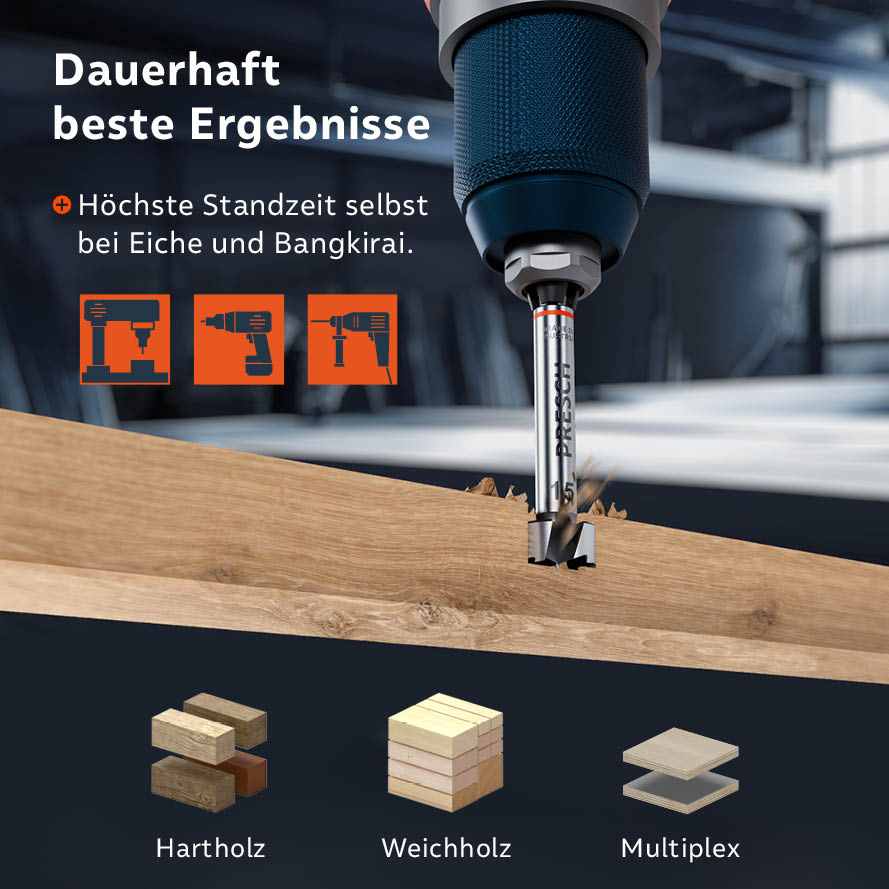 Höchste Standzeit; der Forstnerbohrer ist ideal für Hartholz (Eiche, Bangkirai), Weichholz und Multiplex.