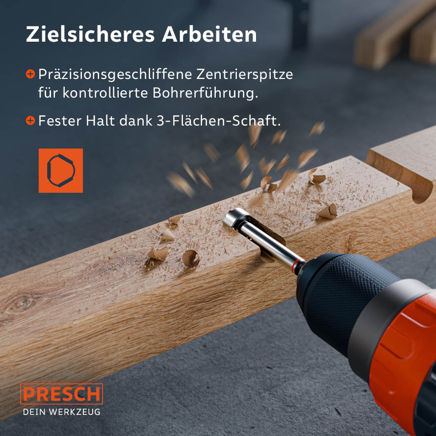 Präzisionsgeschliffene Zentrierspitze für kontrollierte Bohrerführung und fester Halt im Bohrfutter dank speziellem 3-Flächen-Schaft gegen Durchrutschen.