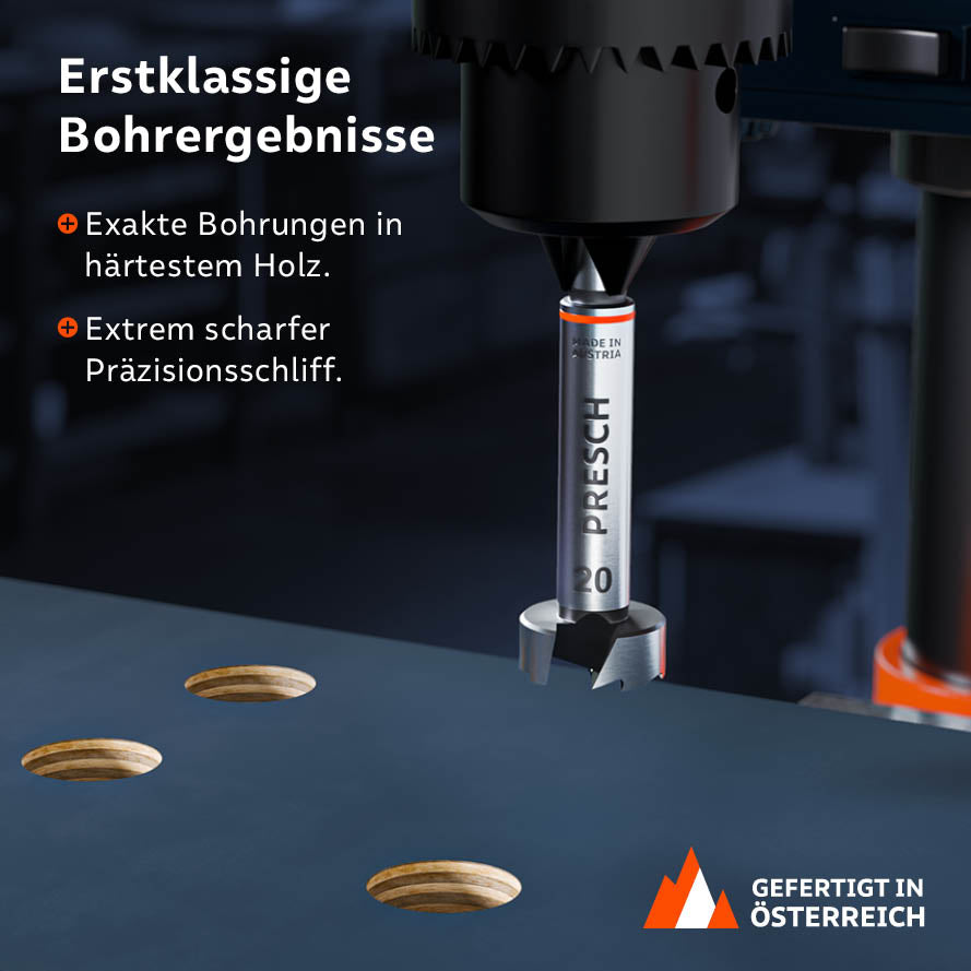 Erstklassige Ergebnisse mit der Standbohrmaschine: Exakte Bohrungen in härtestem Holz dank extrem scharfem Präzisionsschliff.
