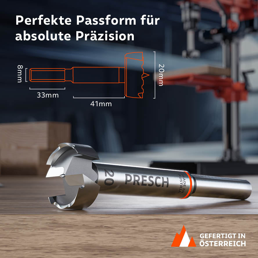 Produktabmessungen und Passform: Der 20mm Bohrer verfügt über einen 8mm Schaft (33 mm Länge) und eine Nutzlänge von 41 mm für absolute Präzision bei der Holzbearbeitung.