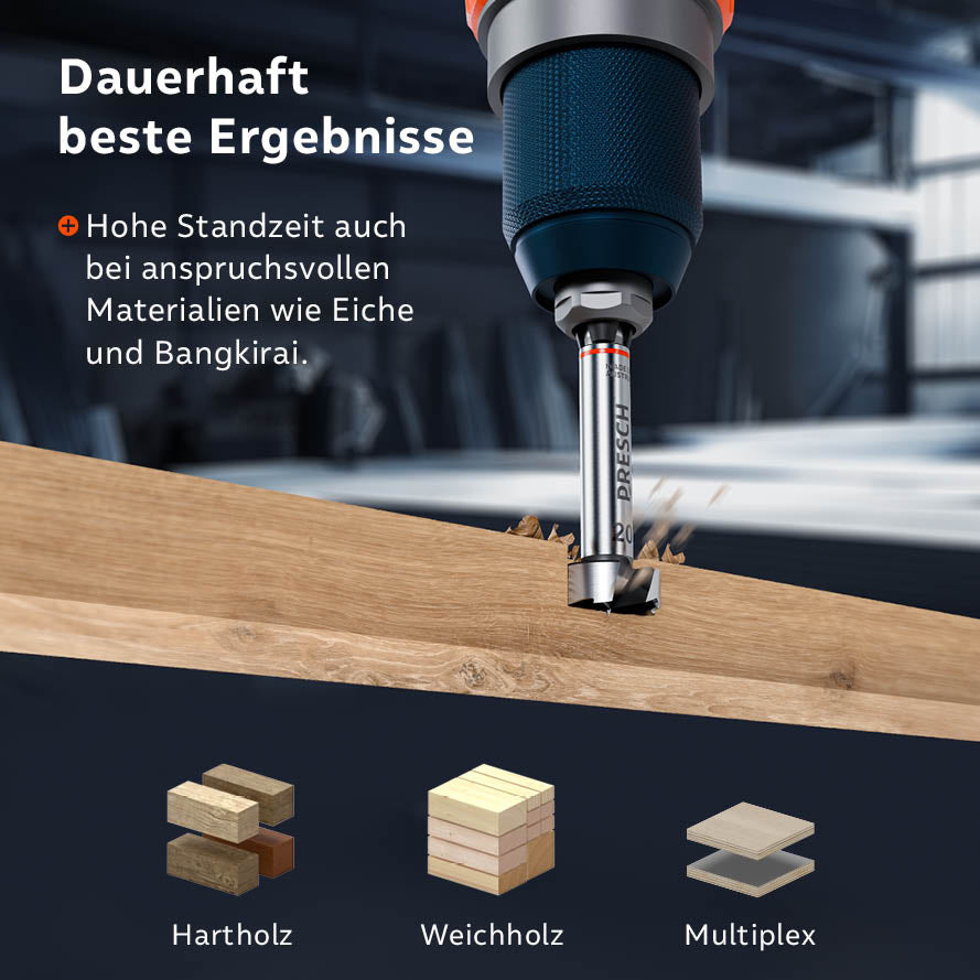 Höchste Standzeit; der Forstnerbohrer ist ideal für Hartholz (Eiche, Bangkirai), Weichholz und Multiplex.