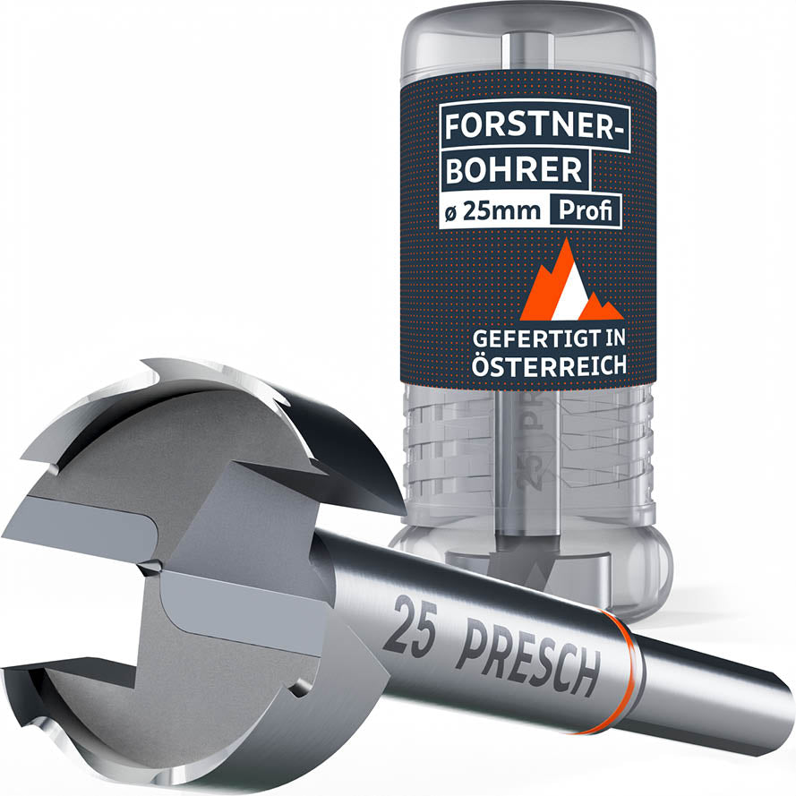 PRESCH Profi Forstnerbohrer 25mm – Hochwertiger Holzbohrer gefertigt in Österreich, inklusive robuster Aufbewahrungsbox aus Kunststoff.