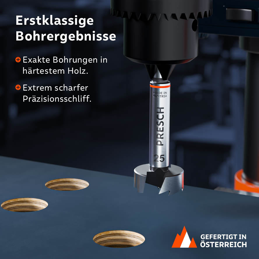 Erstklassige Ergebnisse mit der Standbohrmaschine: Exakte Bohrungen in härtestem Holz dank extrem scharfem Präzisionsschliff.