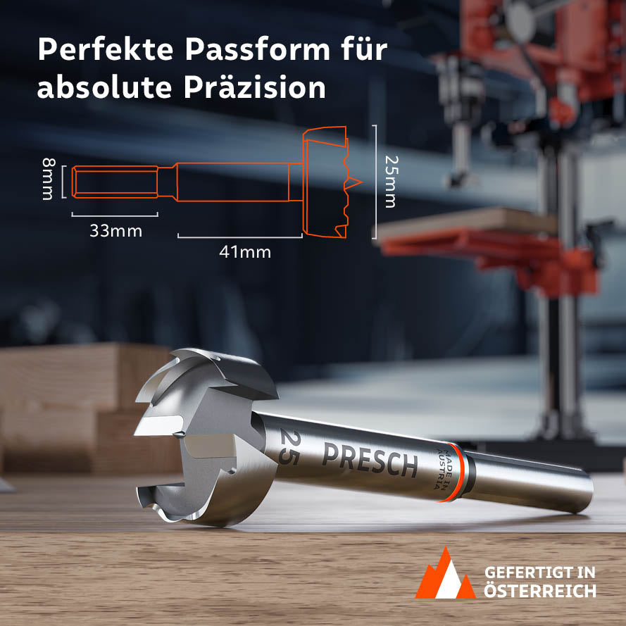 Produktabmessungen und Passform: Der 25mm Bohrer verfügt über einen 8mm Schaft (33 mm Länge) und eine Nutzlänge von 41 mm für absolute Präzision bei der Holzbearbeitung.