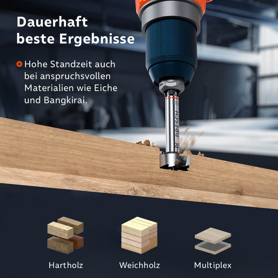 Höchste Standzeit; der Forstnerbohrer ist ideal für Hartholz (Eiche, Bangkirai), Weichholz und Multiplex.