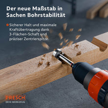 Precisiegeslepen centreerpunt voor gecontroleerde boorbeweging en vaste grip in de boorkop dankzij een speciaal 3‑vlakschacht tegen verschuiven.