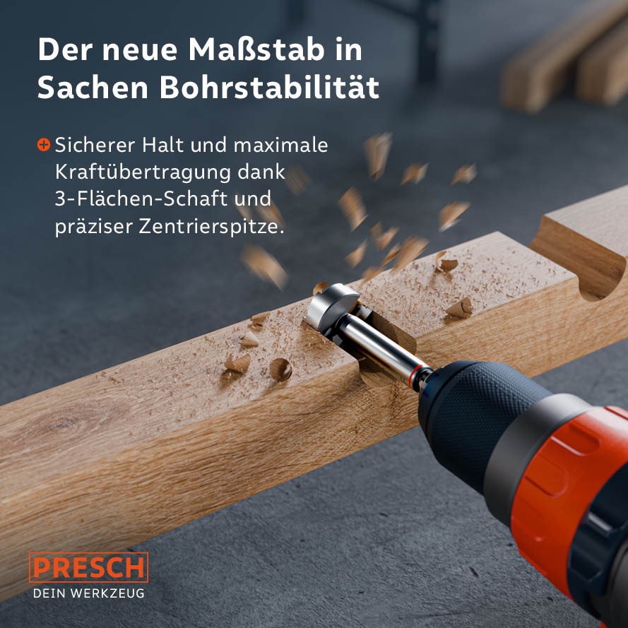 Präzisionsgeschliffene Zentrierspitze für kontrollierte Bohrerführung und fester Halt im Bohrfutter dank speziellem 3-Flächen-Schaft gegen Durchrutschen.
