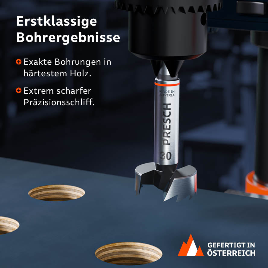 Erstklassige Ergebnisse mit der Standbohrmaschine: Exakte Bohrungen in härtestem Holz dank extrem scharfem Präzisionsschliff.