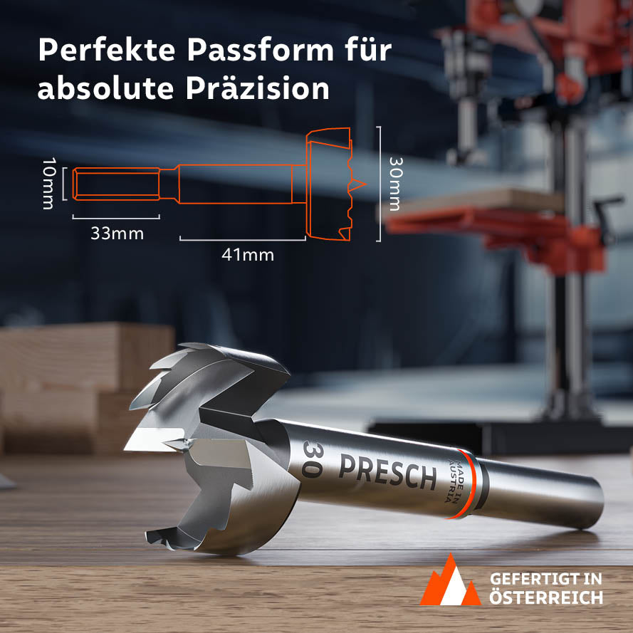 Produktabmessungen und Passform: Der 30mm Bohrer verfügt über einen 10mm Schaft (33mm Länge) und eine Nutzlänge von 41mm für absolute Präzision bei der Holzbearbeitung.
