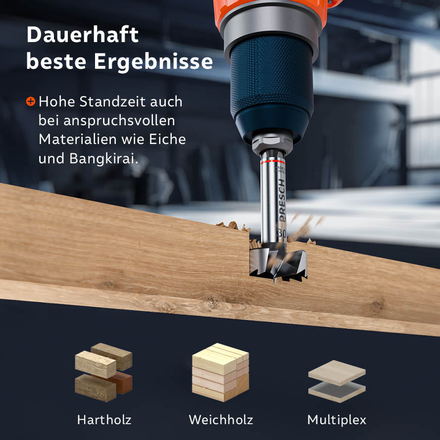Höchste Standzeit; der Forstnerbohrer ist ideal für Hartholz (Eiche, Bangkirai), Weichholz und Multiplex.