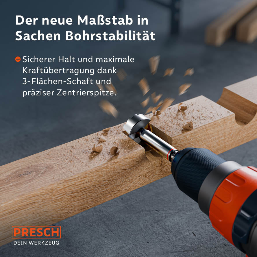 Präzisionsgeschliffene Zentrierspitze für kontrollierte Bohrerführung und fester Halt im Bohrfutter dank speziellem 3-Flächen-Schaft gegen Durchrutschen.