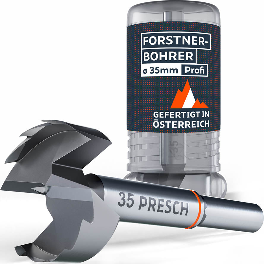 PRESCH Profi Forstnerbohrer 35mm – Hochwertiger Holzbohrer gefertigt in Österreich, inklusive robuster Aufbewahrungsbox aus Kunststoff.