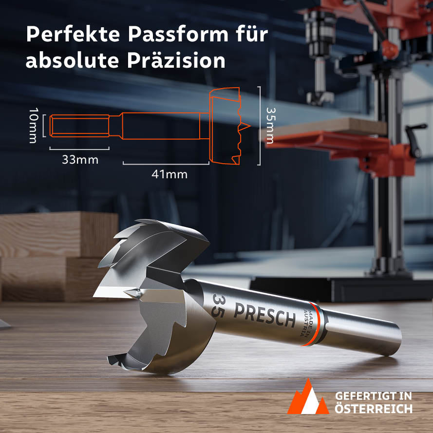 Produktabmessungen und Passform: Der 35mm Bohrer verfügt über einen 10mm Schaft (33mm Länge) und eine Nutzlänge von 41mm für absolute Präzision bei der Holzbearbeitung.