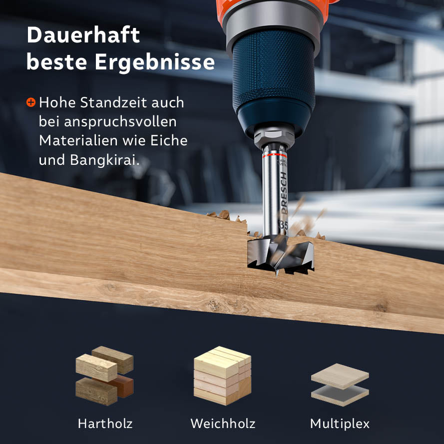 Höchste Standzeit; der Forstnerbohrer ist ideal für Hartholz (Eiche, Bangkirai), Weichholz und Multiplex.