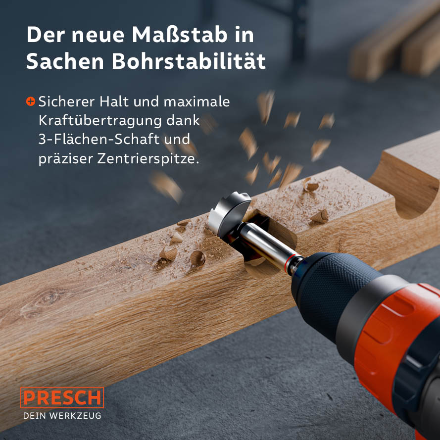 Präzisionsgeschliffene Zentrierspitze für kontrollierte Bohrerführung und fester Halt im Bohrfutter dank speziellem 3-Flächen-Schaft gegen Durchrutschen.