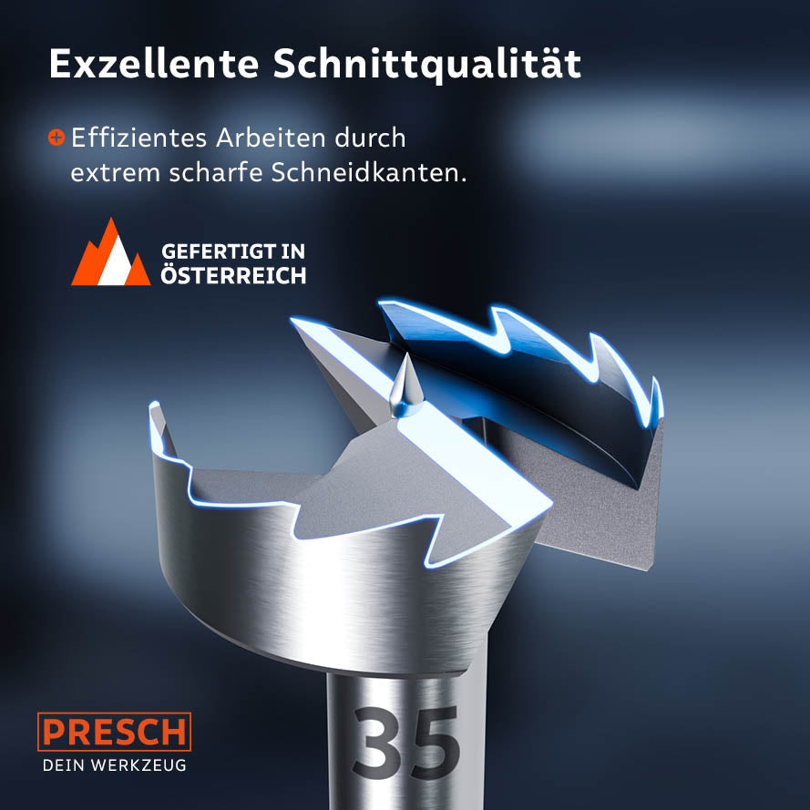 Vue détaillée de la tête de perçage : Des arêtes de coupe ultra‑tranchantes garantissent un travail efficace et une excellente qualité de coupe du bois.