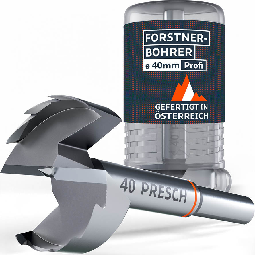 PRESCH Profi Forstnerbohrer 40mm – Hochwertiger Holzbohrer gefertigt in Österreich, inklusive robuster Aufbewahrungsbox aus Kunststoff.