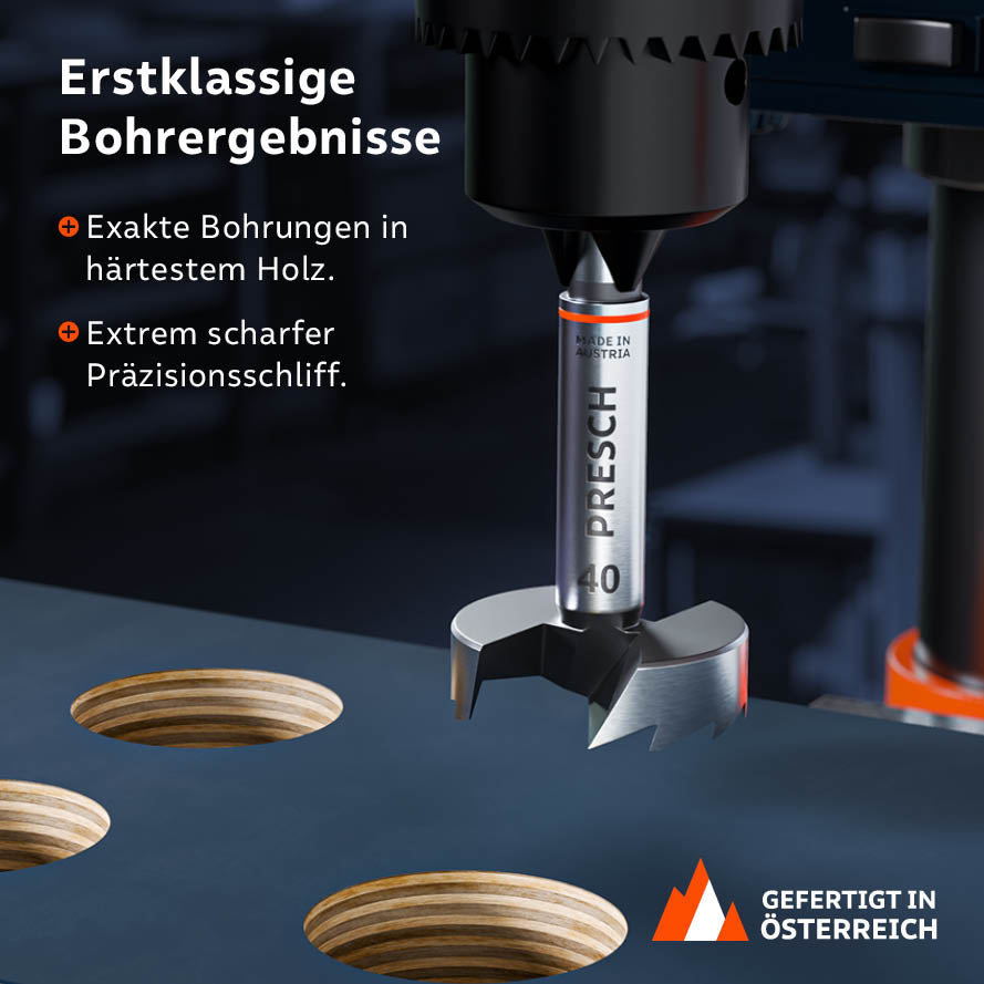 Erstklassige Ergebnisse mit der Standbohrmaschine: Exakte Bohrungen in härtestem Holz dank extrem scharfem Präzisionsschliff.