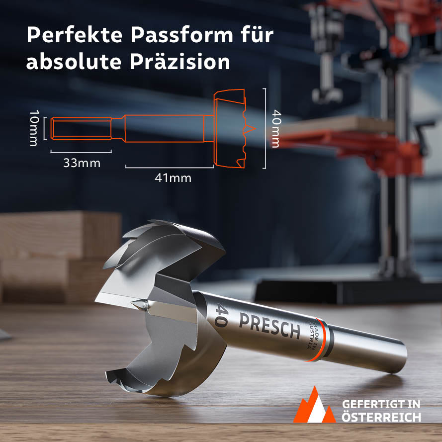 Produktabmessungen und Passform: Der 40mm Bohrer verfügt über einen 10mm Schaft (33mm Länge) und eine Nutzlänge von 41mm für absolute Präzision bei der Holzbearbeitung.