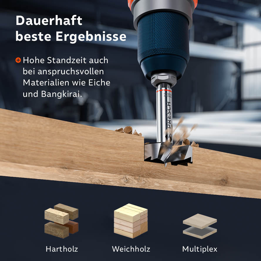 Höchste Standzeit; der Forstnerbohrer ist ideal für Hartholz (Eiche, Bangkirai), Weichholz und Multiplex.