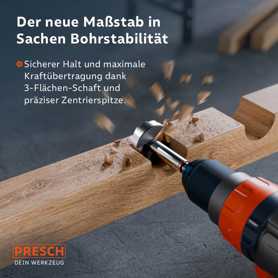 Präzisionsgeschliffene Zentrierspitze für kontrollierte Bohrerführung und fester Halt im Bohrfutter dank speziellem 3-Flächen-Schaft gegen Durchrutschen.