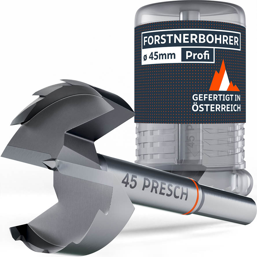 PRESCH Profi Forstnerbohrer 45mm – Hochwertiger Holzbohrer gefertigt in Österreich, inklusive robuster Aufbewahrungsbox aus Kunststoff.